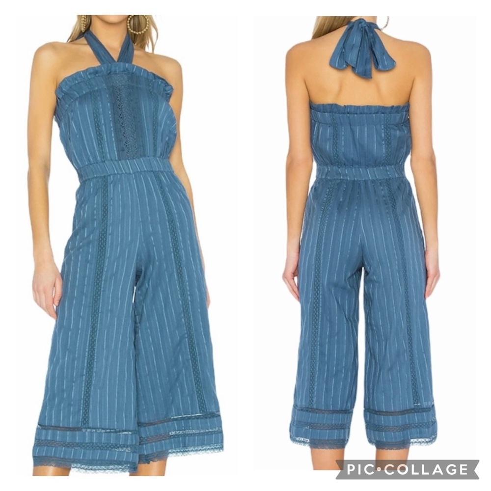 Tularosa Suri Jumpsuit Women’s Medium Blue Halter Cropped Lace